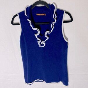 5/$25 Belldini Blue Sleeveless Knit Blouse With Ruffle Collar And White Trim XL